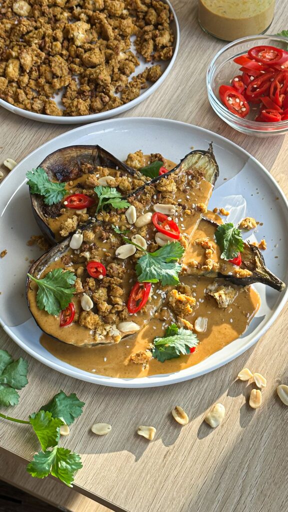Half Roasted Eggplant in Peanut Sauce