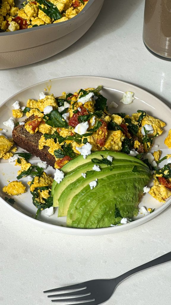 Easy Tofu Scramble and Avo on Toast with a Protein AƧai Smoothie