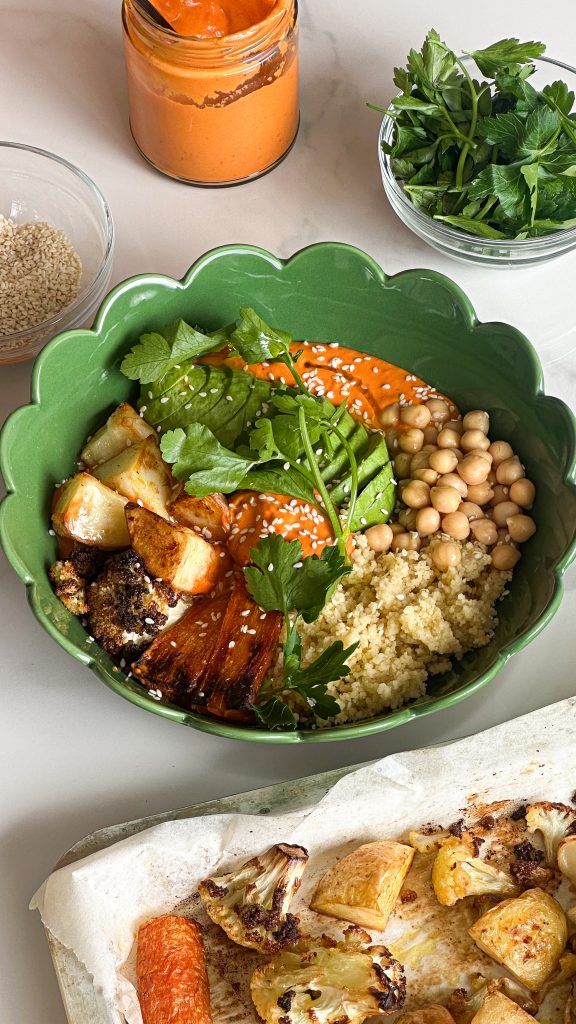 Roasted Veg, Couscous and Capsicum Hummus Buddha Bowl