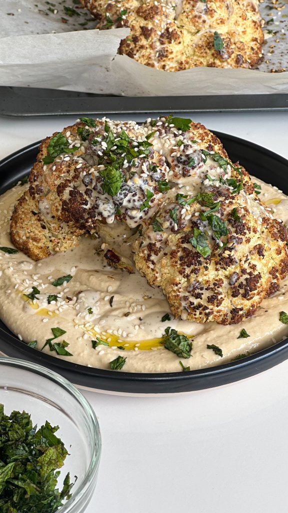 5 Ingredient Za’atar Roasted Cauliflower with Tahini and Hummus