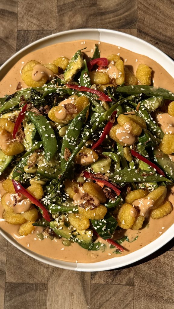Asian-Style Crispy Gnocchi Salad with Peanut Mayo