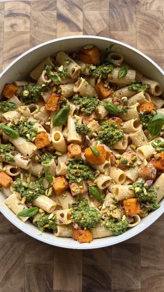 Roasted Butternut Rigatoni with Creamy Miso Sauce and Pistachio Pesto