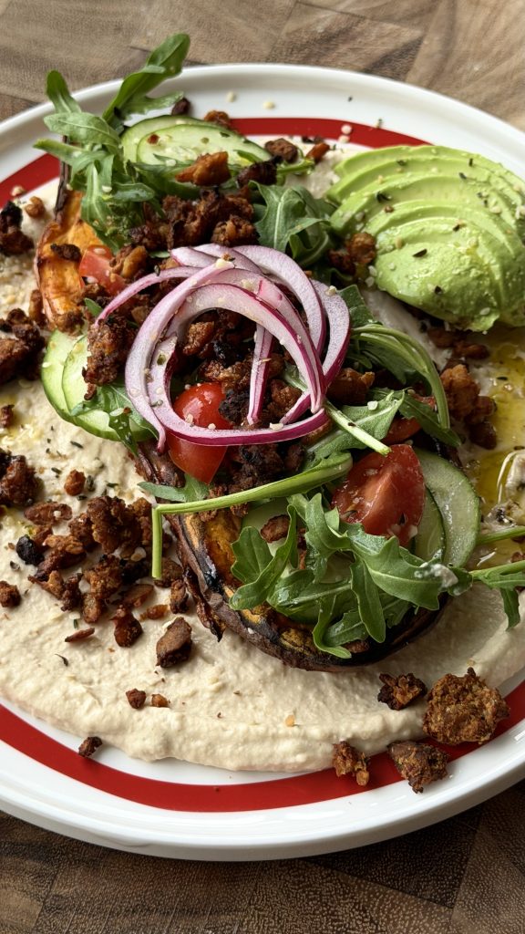 Crispy Tempeh Sweet Potato Toasts with a Creamy Butter Bean Dip