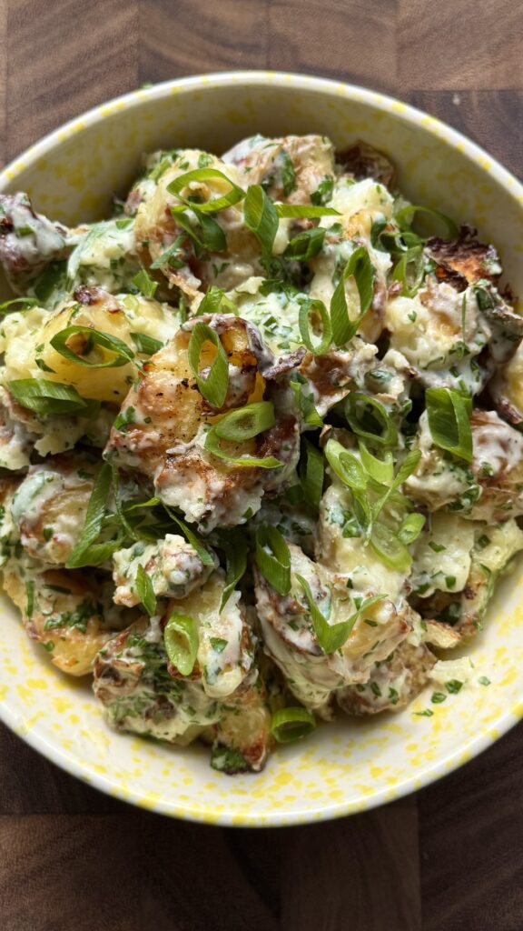 Gut-Friendly Smashed Potato Salad with Creamy Pickle Juice Dressing